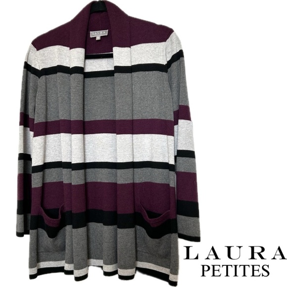 Laura Petites Shawl Collar Open Front Striped Cardigan Purple/Grey Size Med. - Picture 1 of 12